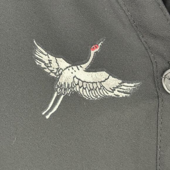 Catherines Top 3X Black Crane Print Roll Tab Sleeve Semi Sheer Button Up Tunic - Picture 6 of 6